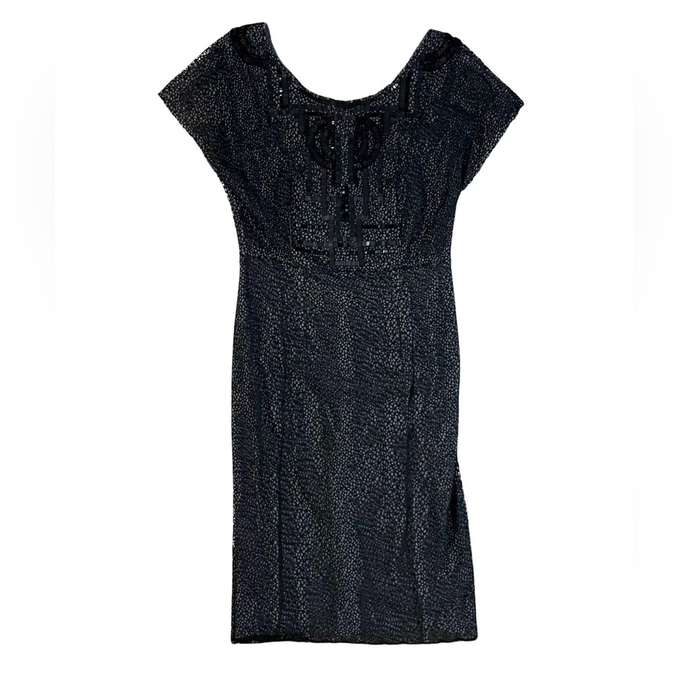 Ports 1961 Black Beaded Silk Lined Textured Sheath Dress Size 8